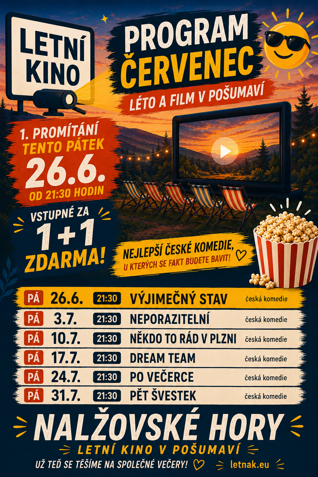 Plakát s červencovým programem kina Letňák.eu